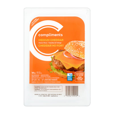 Compliments Medium Sliced Cheddar Cheese, 8 ct, 160 g