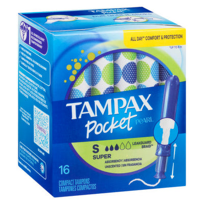 Tampax Pocket Pearl Super Unscented Tampons, 16 ct